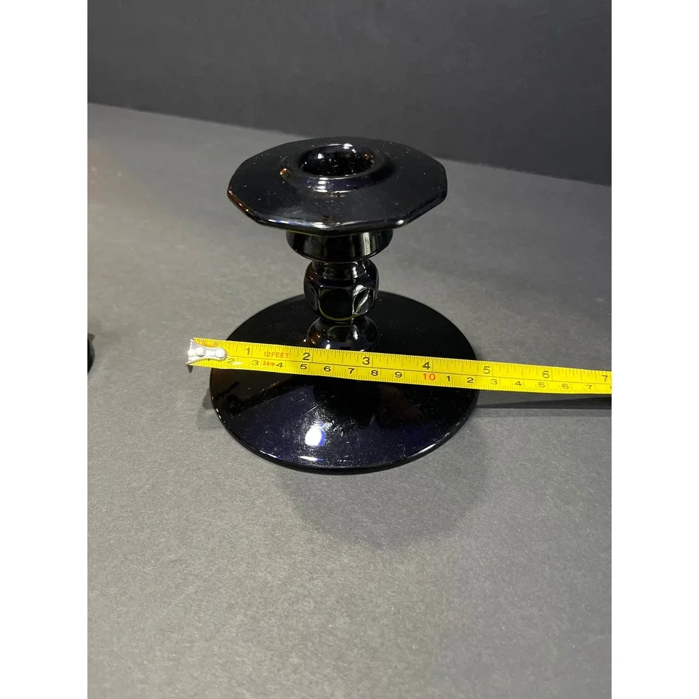 Vintage Amethyst Black Glass Footed Nut Bowl and Candlestick Holder Set